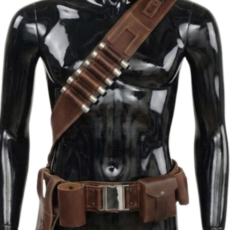 May include: A brown leather bandolier and utility belt set featuring a diagonal strap with five silver-toned cylindrical cartridge holders, a central metallic buckle, a cylindrical holster, and a square pouch with a snap button closure.