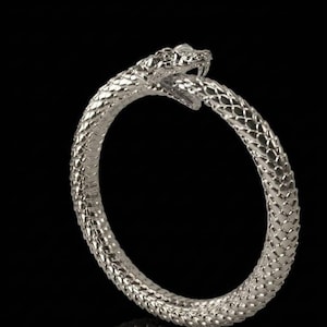 Può includere: Un bracciale color argento a forma di serpente avvolto su se stesso che si morde la coda. La superficie metallica presenta un motivo a scaglie dettagliato e strutturato su tutto il cerchio, con la testa del serpente che mostra occhi e zanne ben definiti.