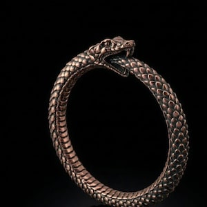 May include: A copper-toned metal bracelet shaped like a snake biting its own tail. The circular band features detailed, overlapping scale textures across the entire surface, with the snake head showing defined eyes, nostrils, and visible fangs.