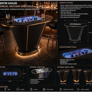 Puede incluir: Una mesa de bar alta y cónica con compartimento refrigerador central, con tablero ovalado negro, base dorada e iluminación interior LED. La mesa mide 120 cm de largo, 50 cm de ancho y 105 cm de alto, e incluye un arcón de acero inoxidable.