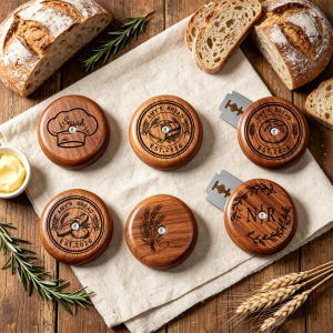 Op de afbeelding: Zes ronde houten broodmesjes met metalen mesjes, voorzien van diverse lasergravures waaronder een koksmuts, korenaren en teksten zoals Sarah, Amy's Bread Est. 2026 en de initialen N R, gerangschikt op een lichtgekleurde stoffen doek.