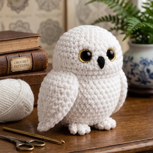 May include: A white crocheted owl figurine with large black eyes surrounded by gold-colored rings and a small black beak. The owl is crafted with a textured yarn stitch pattern, featuring rounded wings and small feet, standing in a neutral pose.