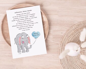Personalized Christian birth announcement card with hand-drawn elephant