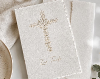 Floral baptism card on high-quality cotton paper with envelope | Hand-drawn cross | Christian card for baptism