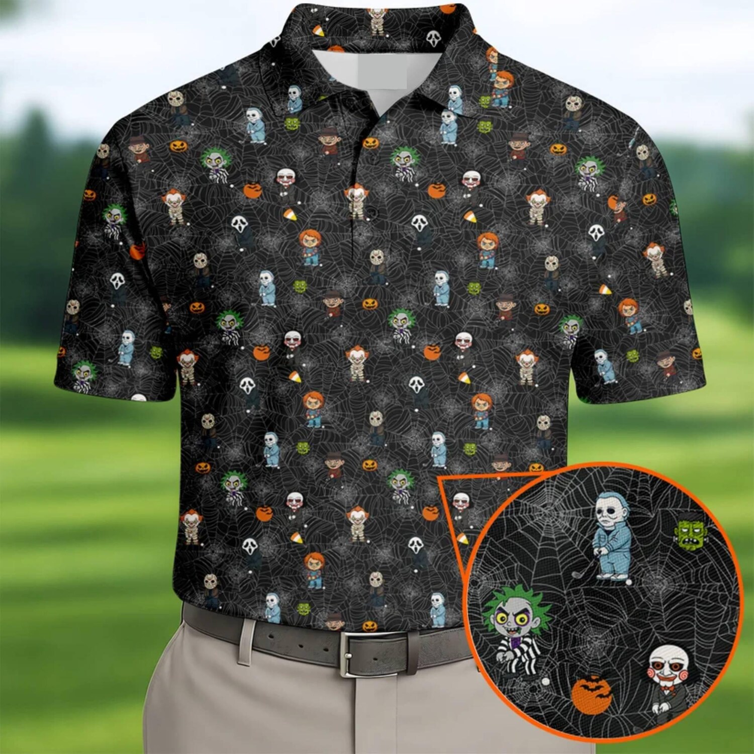Funny Horror Characters Black Golf Polo, Dark Vibe Polo For Men, Halloween Golf Polo Shirt, Horror Characters Halloween Shirt, Dad Golf Polo