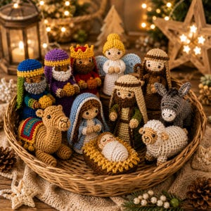 May include: A collection of crocheted nativity figures including a baby in a manger, Mary, Joseph, an angel, three wise figures, a camel, a donkey, and a sheep. Each figure is crafted with yarn in various colors and textures, arranged in a round basket.