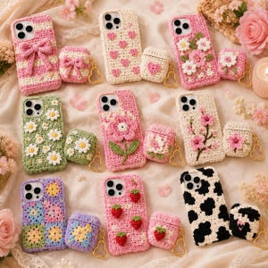 May include: A collection of crocheted phone cases and matching earbud cases featuring various designs including pink bows, hearts, flowers, strawberries, and black and white cow spots, all crafted with textured yarn in multiple colours.