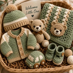 May include: A crochet baby gift set in a wicker basket including a green and beige hat with a pom-pom, a button-up cardigan, a teddy bear, a blanket with a bear face, and a car toy. A card reads Welcome Little One with a heart icon.