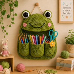 Puede incluir: Un organizador de pared de ganchillo verde con forma de rana y tres bolsillos frontales que contienen varios bolígrafos, rotuladores y tijeras. La rana tiene grandes ojos blancos y negros, mejillas rosas y una sonrisa cosida en negro. Cuelga de un cordel.
