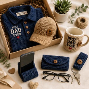 May include: A gift set featuring a dark blue crocheted polo shirt with 'BEST DAD EVER' text, a tan crocheted baseball cap with a 'DAD' patch, a tan crocheted mug cosy, a dark blue phone stand, a dark blue wallet, and a dark blue keychain with keys.