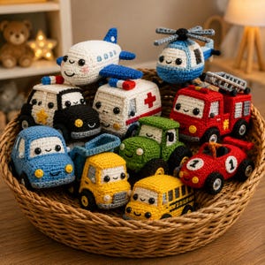 May include: A collection of crocheted toy vehicles in a woven basket, including a white airplane, blue helicopter, police car, ambulance, red fire truck, blue car, yellow dump truck, green tractor, yellow school bus, and a red race car with the number 1.