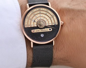 Custom Astronomical Quartz Watch | Unique Astrolabe Dial Timepiece | 40mm Gold Case & Black Mesh Strap | Steampunk Gift for Him