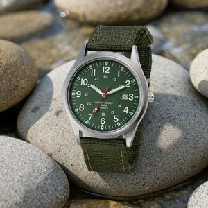 Reloj de campo personalizado para hombre / Correa de lona militar verde / Reloj táctico ultrafino / Ventana de fecha funcional / Regalo para novio para actividades al aire libre