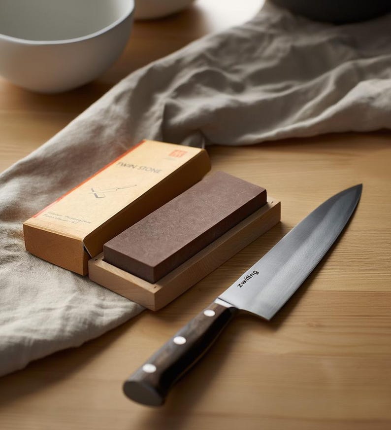Peut inclure: Un couteau de chef Zwilling avec un manche en bois fonc&eacute; et une lame en acier inoxydable, plac&eacute; &agrave; c&ocirc;t&eacute; d'une pierre &agrave; aiguiser rectangulaire brune sur un socle en bois clair. La pierre est accompagn&eacute;e de sa bo&icirc;te en carton beige TWIN STONE.