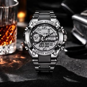 May include: A silver and black analog-digital sport watch with a metallic bezel, black silicone strap, and a multi-functional dial. The watch face features the text SPORT WATCH, LIGE, and WATER RESIST, with digital displays and luminous hands.