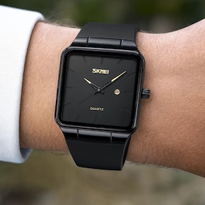 Benutzerdefinierte schwarze quadratische Uhr | Moderne minimalistische Uhr | Silikonband schwarz | Arbeiten Datum Fenster | Unisex Casual Uhr | Freund Geschenk
