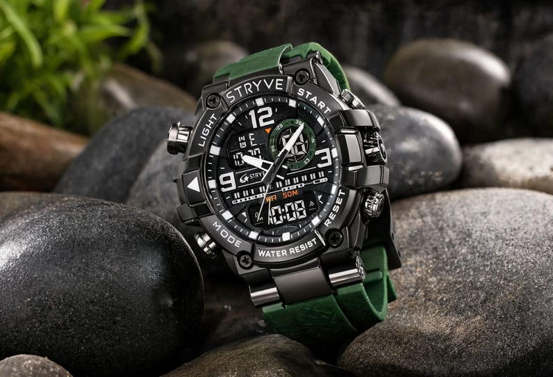Relógio Tático Masculino Personalizado Verde Militar com Duplo Visor | Relógio Esportivo Militar Robusto | Presente Analógico-Digital em Metal Pesado para Namorado | Ideal para Atividades ao Ar Livre imagem 4
