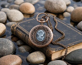 Custom Rose Gold Cameo Pocket Watch | Victorian Relief Portrait Pendant | Antique Style Quartz Timepiece | Steampunk Necklace Watch Women