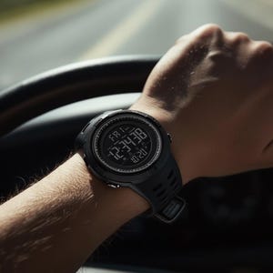 May include: A black digital wristwatch with a round case and a textured silicone strap. The watch face displays the day as FRI, the time as 12:34:38, and the date as 10-20 in white digital numerals against a dark background with a circular bezel.