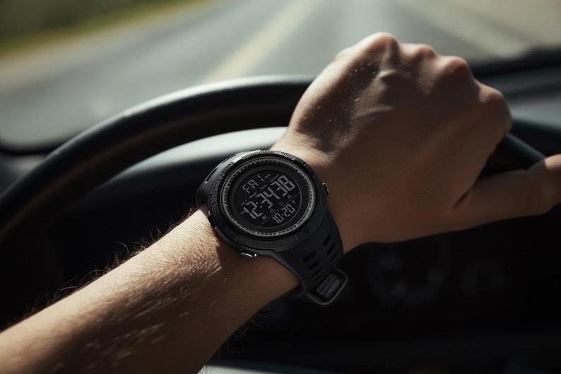 May include: A black digital wristwatch with a round case and a textured silicone strap. The watch face displays the day as FRI, the time as 12:34:38, and the date as 10-20 in white digital numerals against a dark background with a circular bezel.