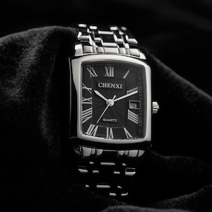 Custom Vintage Inspired Rectangular Watch | Classic Silver Tank Timepiece with Black Dial & Roman Numerals | Elegant Art Deco Dress Watch