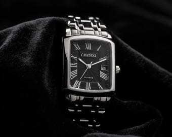 Custom Vintage Inspired Rectangular Watch | Classic Silver Tank Timepiece with Black Dial & Roman Numerals | Elegant Art Deco Dress Watch