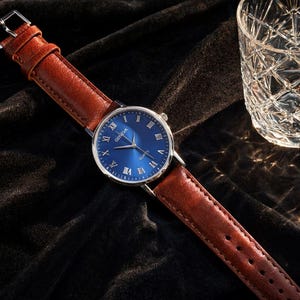 Custom Mens Dress Watch | Blue Dial Roman Numerals | Brown Vegan Leather Strap | Classic 38mm Timepiece | Everyday Casual Boyfriend Gift