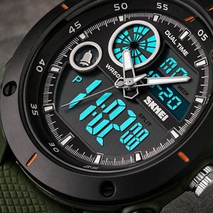 May include: A black and olive green analog-digital watch featuring a round bezel with orange accents, a black dial with luminous blue digital displays, white hands, a bell icon, and the text SKMEI, DUAL TIME, WR50M, and SPLIT on the face.