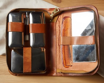 Vintage Men's Travel Grooming Kit | 1950s Shaving Set with Safety Razor & Mirror | Mid Century Dopp Kit | Retro Leather Toiletry Case