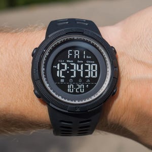 May include: A black digital sports watch with a round case and a textured silicone strap. The screen displays the time 12:34:38, the date 10-20, and the day FRI. The bezel features compass markings, and the interface includes icons for alarm and chime.