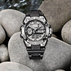 May include: A black and silver analog-digital sport watch with a metallic bezel, black resin strap, and a multi-functional dial. The watch face features the text SPORT WATCH, LIGE, and WATER RESIST, with digital displays and luminous hands.