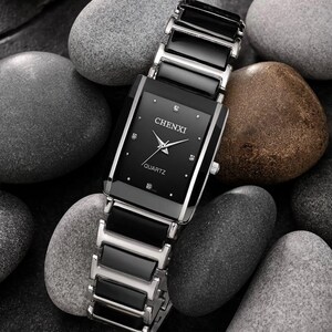 Custom Womens Rectangular Watch | Black Ceramic Link Band | Silver Tank Style Timepiece | Petite Elegant Watch | Old Money Aesthetic Gift