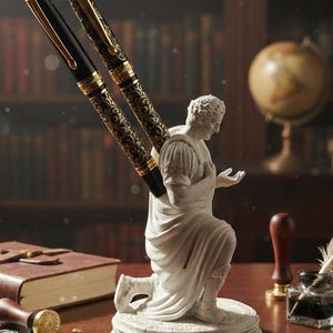 Może przedstawiać: Biała, kamienna rzeźba klęczącej postaci na okrągłej podstawie, zaprojektowana do przechowywania dwóch długopisów. Długopisy są czarne ze złotymi wzorami filigranowymi i złotymi klipsami. Postać jest przedstawiona w pozycji klęczącej z ręką na piersi.