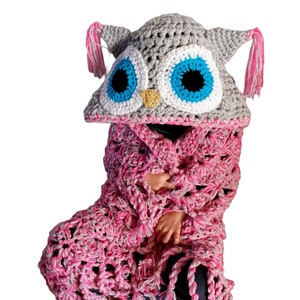 Pink Hooded Crochet Owl Blanket Chunky Cosy Throw in Baby, Child and Adult sizes, Birthday valentines gift for her/him Handmade in UK