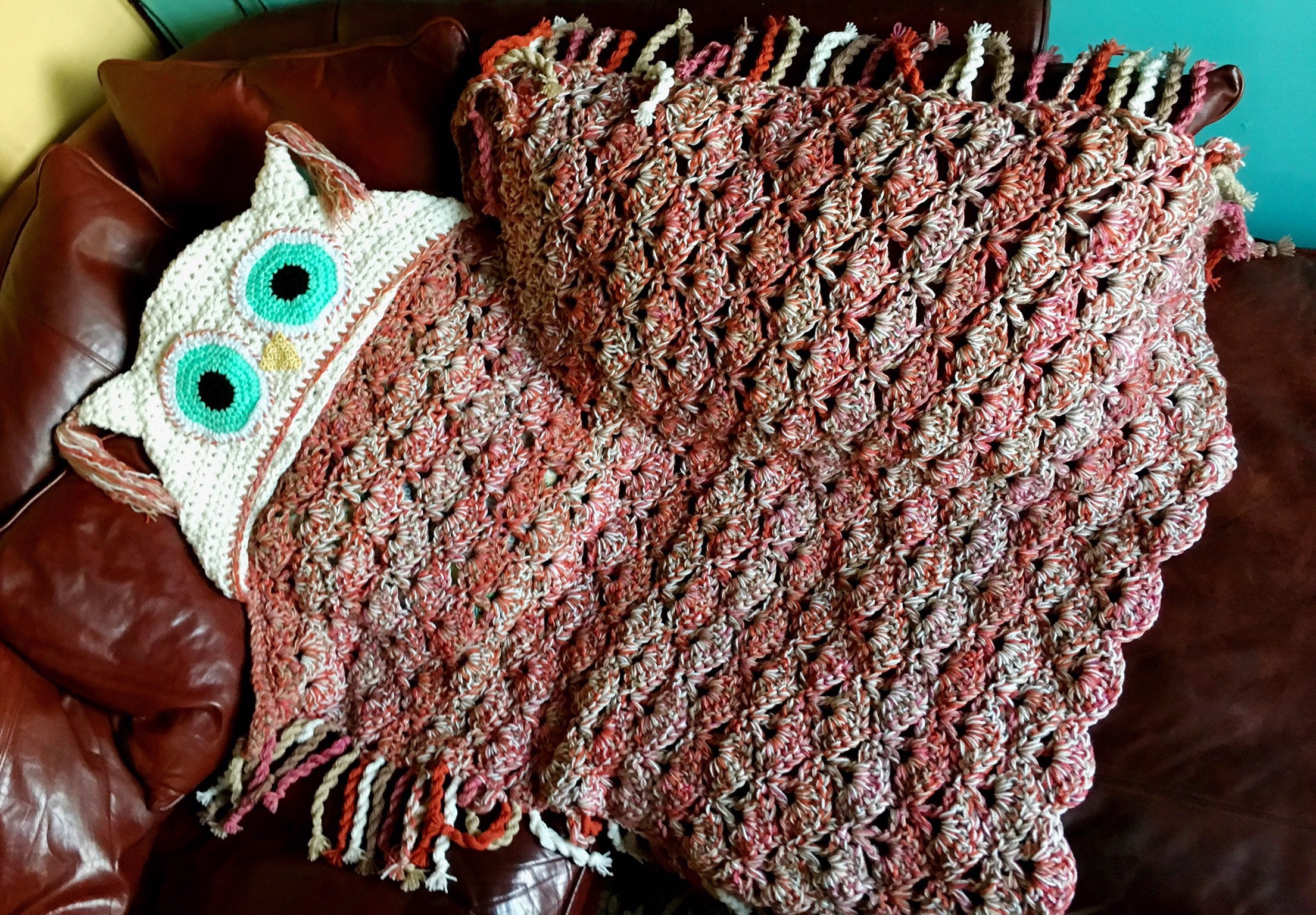 Hooded Crochet Owl Blanket, Chunky Kids/Adult Throw
