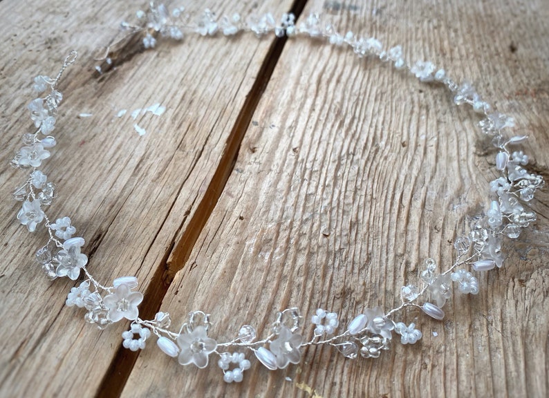 Dainty Bridal Hair Vine Silver crystal pearl Wedding Hair vine minimalist subtle headpiece Delicate elegant circlet floral crown image 4