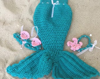 Zestaw szydełkowych kokonów z ogonem syreny do fotografii noworodkowej – ręcznie robiony prezent na baby shower