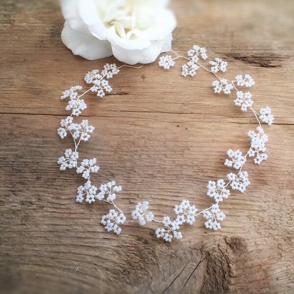 Bridal wedding flower crown, babys breath, gypsophila Hair vine, bridesmaid hair Accessory, dainty elegant hairpiece, rustic woodland  weddi