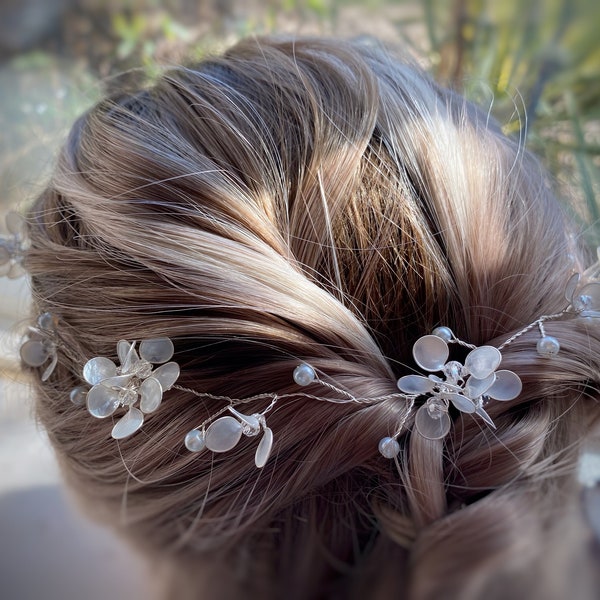 Dainty Floral Hair Vine | Silver Wedding Hairpiece | minimalist delicate Handcrafted bespoke resin flower circlet | Rustic Boho Bride Crown