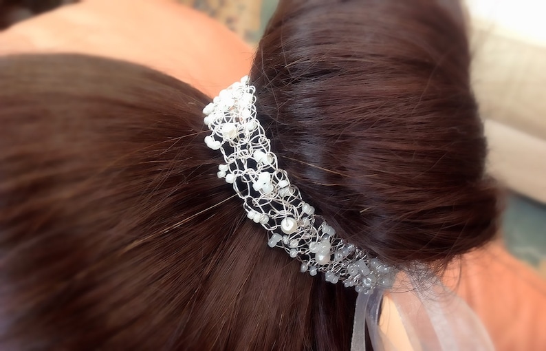 Bohemian crochet lace flower girl headdress pearls Bridal headpiece silver wedding bun wrap Tiara bridesmaid 1025cm halo crown