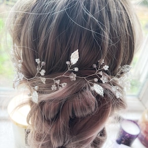Wedding Leaf hair vine, Brides Crown, Floral Grecian Athena hair accessory, silver leaf circlet, Rustic Boho hairpiece, Greek themed
