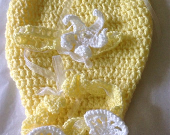 Crochet Baby Mermaid Outfit – Yellow Cocoon, Shell Top, Newborn Gift