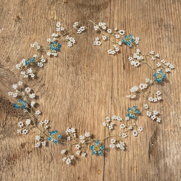 Blauwe bruiloft haar wijnstok vergeet-mij-nietje bloemen, bruids haartoebehoren, boho bloemen haar circlet, bloemenketting, bruidsmeisjes kroon