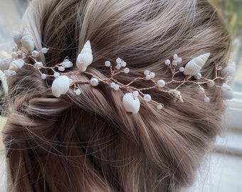 Pequeñas conchas de mar boda pelo vid novia / corona de boda de playa / accesorio para el cabello / regalo de dama de honor / corona de pelo de sirena de concha / oro rosa