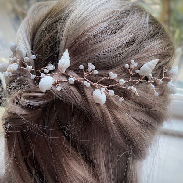 Small Sea Shells Wedding Hair Vine Bridal | Beach wedding crown | hair accessory | Bridesmaid gift | Shell mermaid hair wreath| Rose Gold