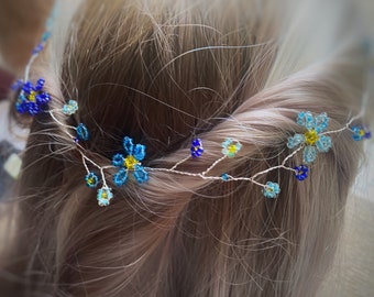 forget-me-not flowers hair vine, bridal hair accessory, boho floral hair circlet, flower chain, bridesmaids crown.