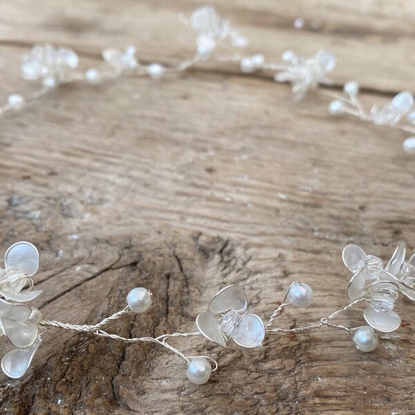 Dainty Floral Hair Vine | Silver Wedding Hairpiece | minimalist delicate Handcrafted bespoke resin flower circlet | Rustic Boho Bride Crown