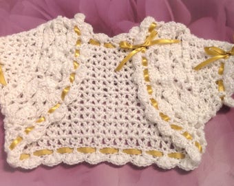 Baby girls Bolero, Crochet Shrug, Crochet Cardigan, cream, Gold Ribbon, Wedding Cardigan, Christening Wrap, Party cardi, cream Bolero, UK