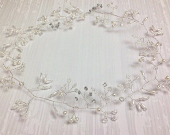 Silver Wedding Hair Vine | Floral Pearl Bridal Hairpiece | Headband Halo | Crystal Pearl Bridesmaid’s Crown| Delicate Floral Hairband |