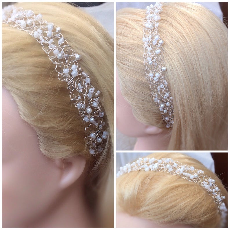 Bohemian crochet lace flower girl headdress pearls Bridal headpiece silver wedding bun wrap Tiara bridesmaid 1025cm halo crown